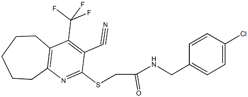 N-(4-chlorobenzyl)-2-{[3-cyano-4-(trifluoromethyl)-6,7,8,9-tetrahydro-5H-cyclohepta[b]pyridin-2-yl]sulfanyl}acetamide Struktur