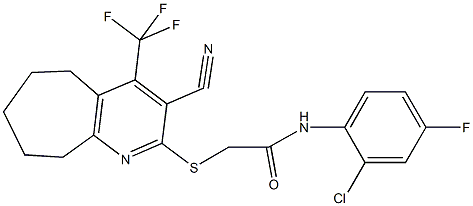 N-(2-chloro-4-fluorophenyl)-2-{[3-cyano-4-(trifluoromethyl)-6,7,8,9-tetrahydro-5H-cyclohepta[b]pyridin-2-yl]sulfanyl}acetamide Struktur