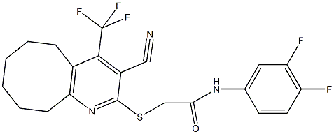 2-{[3-cyano-4-(trifluoromethyl)-5,6,7,8,9,10-hexahydrocycloocta[b]pyridin-2-yl]sulfanyl}-N-(3,4-difluorophenyl)acetamide Struktur