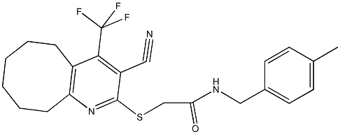 2-{[3-cyano-4-(trifluoromethyl)-5,6,7,8,9,10-hexahydrocycloocta[b]pyridin-2-yl]sulfanyl}-N-(4-methylbenzyl)acetamide Struktur