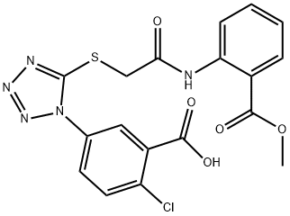 2-chloro-5-[5-({2-[2-(methoxycarbonyl)anilino]-2-oxoethyl}sulfanyl)-1H-tetraazol-1-yl]benzoic acid Struktur