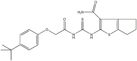 2-[({[(4-tert-butylphenoxy)acetyl]amino}carbothioyl)amino]-5,6-dihydro-4H-cyclopenta[b]thiophene-3-carboxamide Struktur