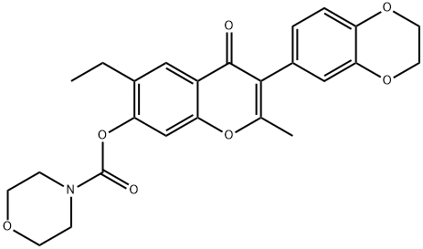 3-(2,3-dihydro-1,4-benzodioxin-6-yl)-6-ethyl-2-methyl-4-oxo-4H-chromen-7-yl4-morpholinecarboxylate Struktur