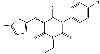 1-(4-chlorophenyl)-3-ethyl-5-[(5-methyl-2-thienyl)methylene]-2-thioxodihydro-4,6(1H,5H)-pyrimidinedione Struktur