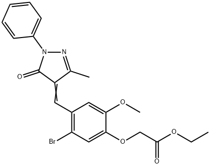 ethyl {5-bromo-2-methoxy-4-[(3-methyl-5-oxo-1-phenyl-1,5-dihydro-4H-pyrazol-4-ylidene)methyl]phenoxy}acetate Struktur