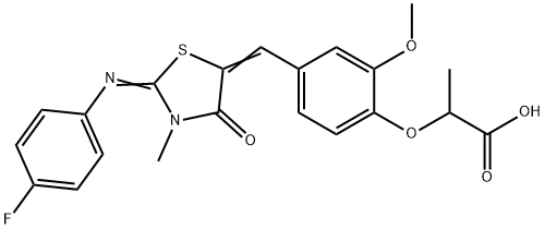 2-[4-({2-[(4-fluorophenyl)imino]-3-methyl-4-oxo-1,3-thiazolidin-5-ylidene}methyl)-2-methoxyphenoxy]propanoic acid Struktur