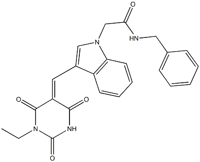 N-benzyl-2-{3-[(1-ethyl-2,4,6-trioxotetrahydro-5(2H)-pyrimidinylidene)methyl]-1H-indol-1-yl}acetamide Struktur