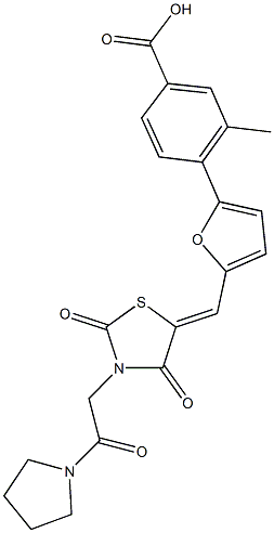 4-[5-({2,4-dioxo-3-[2-oxo-2-(1-pyrrolidinyl)ethyl]-1,3-thiazolidin-5-ylidene}methyl)-2-furyl]-3-methylbenzoic acid Struktur