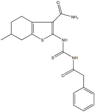 6-methyl-2-({[(phenylacetyl)amino]carbothioyl}amino)-4,5,6,7-tetrahydro-1-benzothiophene-3-carboxamide Struktur