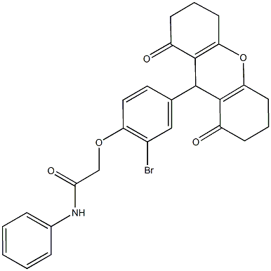 2-[2-bromo-4-(1,8-dioxo-2,3,4,5,6,7,8,9-octahydro-1H-xanthen-9-yl)phenoxy]-N-phenylacetamide Struktur