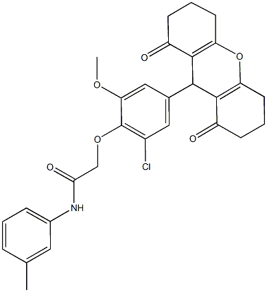 2-[2-chloro-4-(1,8-dioxo-2,3,4,5,6,7,8,9-octahydro-1H-xanthen-9-yl)-6-methoxyphenoxy]-N-(3-methylphenyl)acetamide Struktur