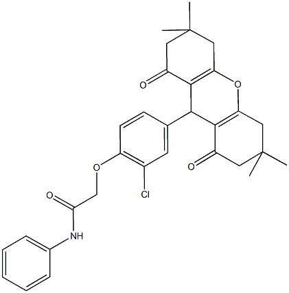 2-[2-chloro-4-(3,3,6,6-tetramethyl-1,8-dioxo-2,3,4,5,6,7,8,9-octahydro-1H-xanthen-9-yl)phenoxy]-N-phenylacetamide Struktur