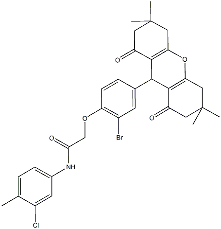 2-[2-bromo-4-(3,3,6,6-tetramethyl-1,8-dioxo-2,3,4,5,6,7,8,9-octahydro-1H-xanthen-9-yl)phenoxy]-N-(3-chloro-4-methylphenyl)acetamide Struktur