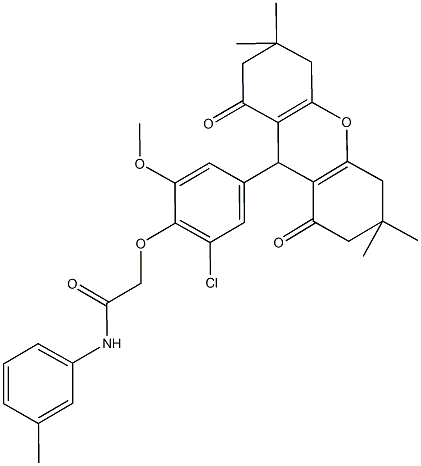 2-[2-chloro-6-methoxy-4-(3,3,6,6-tetramethyl-1,8-dioxo-2,3,4,5,6,7,8,9-octahydro-1H-xanthen-9-yl)phenoxy]-N-(3-methylphenyl)acetamide Struktur