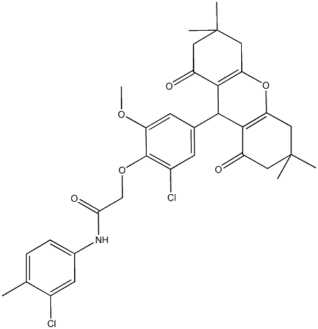 2-[2-chloro-6-methoxy-4-(3,3,6,6-tetramethyl-1,8-dioxo-2,3,4,5,6,7,8,9-octahydro-1H-xanthen-9-yl)phenoxy]-N-(3-chloro-4-methylphenyl)acetamide Struktur