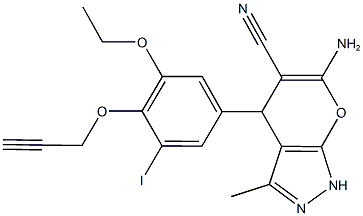 6-amino-4-[3-ethoxy-5-iodo-4-(2-propynyloxy)phenyl]-3-methyl-1,4-dihydropyrano[2,3-c]pyrazole-5-carbonitrile Struktur