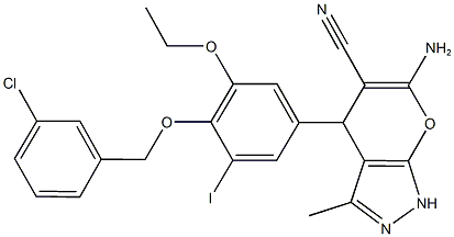 6-amino-4-{4-[(3-chlorobenzyl)oxy]-3-ethoxy-5-iodophenyl}-3-methyl-1,4-dihydropyrano[2,3-c]pyrazole-5-carbonitrile Struktur