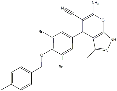 6-amino-4-{3,5-dibromo-4-[(4-methylbenzyl)oxy]phenyl}-3-methyl-1,4-dihydropyrano[2,3-c]pyrazole-5-carbonitrile Struktur