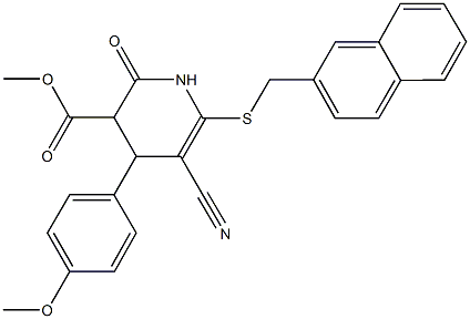 methyl 5-cyano-4-(4-methoxyphenyl)-6-[(2-naphthylmethyl)sulfanyl]-2-oxo-1,2,3,4-tetrahydro-3-pyridinecarboxylate Struktur