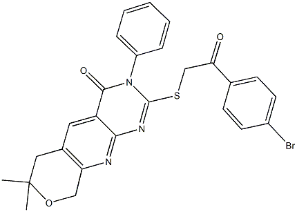 2-{[2-(4-bromophenyl)-2-oxoethyl]sulfanyl}-7,7-dimethyl-3-phenyl-6,9-dihydro-3H-pyrano[4',3':5,6]pyrido[2,3-d]pyrimidin-4(7H)-one Struktur