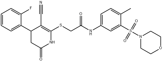 2-{[3-cyano-4-(2-fluorophenyl)-6-oxo-1,4,5,6-tetrahydro-2-pyridinyl]sulfanyl}-N-[4-methyl-3-(4-morpholinylsulfonyl)phenyl]acetamide Struktur