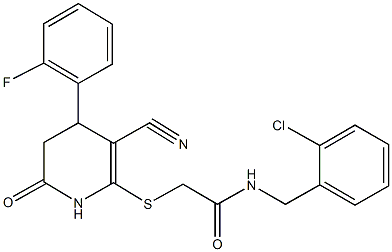 N-(2-chlorobenzyl)-2-{[3-cyano-4-(2-fluorophenyl)-6-oxo-1,4,5,6-tetrahydro-2-pyridinyl]sulfanyl}acetamide Struktur