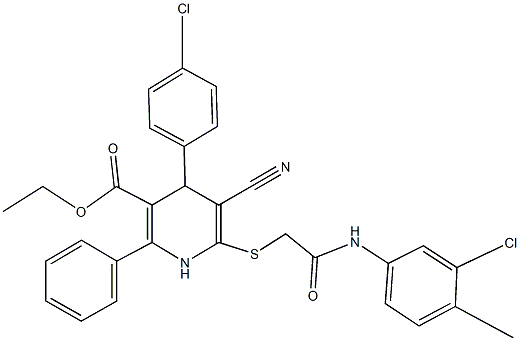 ethyl 6-{[2-(3-chloro-4-methylanilino)-2-oxoethyl]sulfanyl}-4-(4-chlorophenyl)-5-cyano-2-phenyl-1,4-dihydro-3-pyridinecarboxylate Struktur