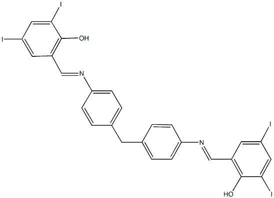 2-{[(4-{4-[(2-hydroxy-3,5-diiodobenzylidene)amino]benzyl}phenyl)imino]methyl}-4,6-diiodophenol Struktur