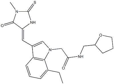 2-{7-ethyl-3-[(1-methyl-5-oxo-2-thioxo-4-imidazolidinylidene)methyl]-1H-indol-1-yl}-N-(tetrahydro-2-furanylmethyl)acetamide Struktur