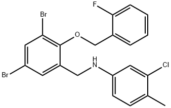 3-chloro-N-{3,5-dibromo-2-[(2-fluorobenzyl)oxy]benzyl}-4-methylaniline Struktur