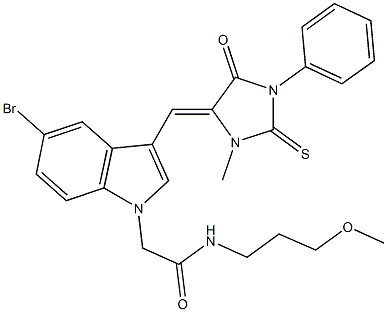 2-{5-bromo-3-[(3-methyl-5-oxo-1-phenyl-2-thioxo-4-imidazolidinylidene)methyl]-1H-indol-1-yl}-N-(3-methoxypropyl)acetamide Struktur