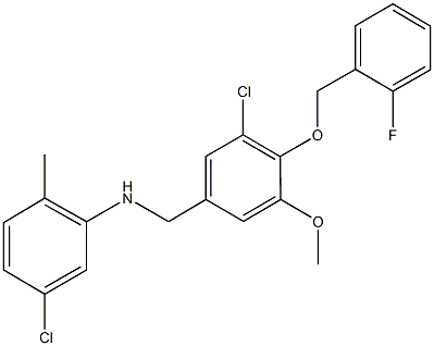 5-chloro-N-{3-chloro-4-[(2-fluorobenzyl)oxy]-5-methoxybenzyl}-2-methylaniline Struktur