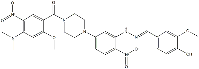 4-hydroxy-3-methoxybenzaldehyde {5-(4-{4-(dimethylamino)-5-nitro-2-methoxybenzoyl}-1-piperazinyl)-2-nitrophenyl}hydrazone Struktur