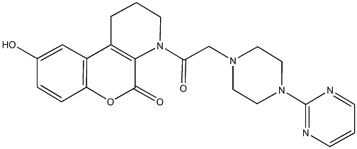 9-hydroxy-4-{[4-(2-pyrimidinyl)-1-piperazinyl]acetyl}-1,2,3,4-tetrahydro-5H-chromeno[3,4-b]pyridin-5-one Struktur