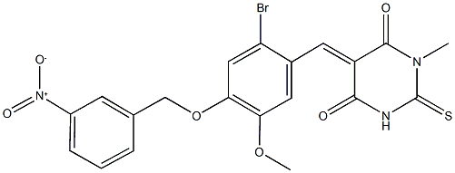 5-[2-bromo-4-({3-nitrobenzyl}oxy)-5-methoxybenzylidene]-1-methyl-2-thioxodihydropyrimidine-4,6(1H,5H)-dione Struktur