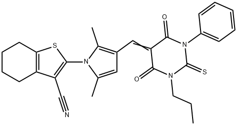 2-{3-[(4,6-dioxo-1-phenyl-3-propyl-2-thioxotetrahydro-5(2H)-pyrimidinylidene)methyl]-2,5-dimethyl-1H-pyrrol-1-yl}-4,5,6,7-tetrahydro-1-benzothiophene-3-carbonitrile Struktur