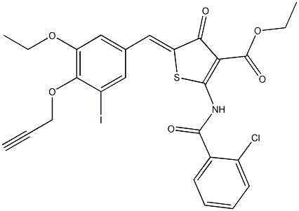 ethyl 2-[(2-chlorobenzoyl)amino]-5-[3-ethoxy-5-iodo-4-(2-propynyloxy)benzylidene]-4-oxo-4,5-dihydro-3-thiophenecarboxylate Struktur