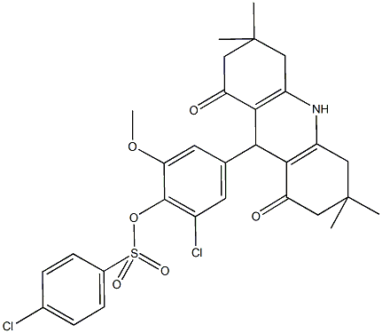 2-chloro-6-methoxy-4-(3,3,6,6-tetramethyl-1,8-dioxo-1,2,3,4,5,6,7,8,9,10-decahydro-9-acridinyl)phenyl 4-chlorobenzenesulfonate Struktur