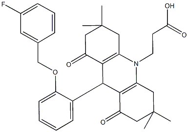 3-(9-{2-[(3-fluorobenzyl)oxy]phenyl}-3,3,6,6-tetramethyl-1,8-dioxo-2,3,4,5,6,7,8,9-octahydro-10(1H)-acridinyl)propanoic acid Struktur