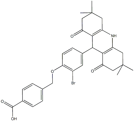 4-{[2-bromo-4-(3,3,6,6-tetramethyl-1,8-dioxo-1,2,3,4,5,6,7,8,9,10-decahydro-9-acridinyl)phenoxy]methyl}benzoic acid Struktur