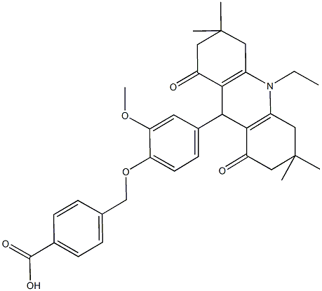 4-{[4-(10-ethyl-3,3,6,6-tetramethyl-1,8-dioxo-1,2,3,4,5,6,7,8,9,10-decahydro-9-acridinyl)-2-methoxyphenoxy]methyl}benzoic acid Struktur