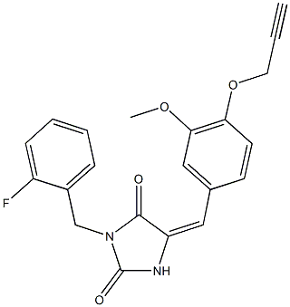 3-(2-fluorobenzyl)-5-[3-methoxy-4-(2-propynyloxy)benzylidene]-2,4-imidazolidinedione Struktur