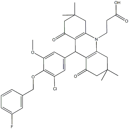 3-(9-{3-chloro-4-[(3-fluorobenzyl)oxy]-5-methoxyphenyl}-3,3,6,6-tetramethyl-1,8-dioxo-2,3,4,5,6,7,8,9-octahydro-10(1H)-acridinyl)propanoic acid Struktur