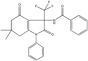 N-[6,6-dimethyl-2,4-dioxo-1-phenyl-3-(trifluoromethyl)-2,3,4,5,6,7-hexahydro-1H-indol-3-yl]benzamide Struktur