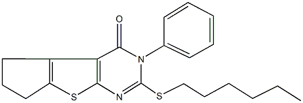 2-(hexylsulfanyl)-3-phenyl-3,5,6,7-tetrahydro-4H-cyclopenta[4,5]thieno[2,3-d]pyrimidin-4-one Struktur