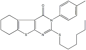 2-(hexylsulfanyl)-3-(4-methylphenyl)-5,6,7,8-tetrahydro[1]benzothieno[2,3-d]pyrimidin-4(3H)-one Struktur