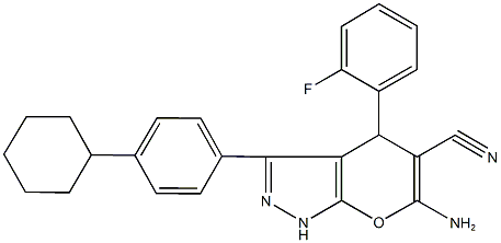 6-amino-3-(4-cyclohexylphenyl)-4-(2-fluorophenyl)-1,4-dihydropyrano[2,3-c]pyrazole-5-carbonitrile Struktur