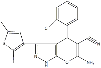 6-amino-4-(2-chlorophenyl)-3-(2,5-dimethyl-3-thienyl)-1,4-dihydropyrano[2,3-c]pyrazole-5-carbonitrile Struktur