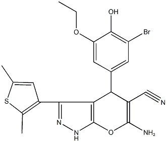 6-amino-4-(3-bromo-5-ethoxy-4-hydroxyphenyl)-3-(2,5-dimethyl-3-thienyl)-1,4-dihydropyrano[2,3-c]pyrazole-5-carbonitrile Struktur