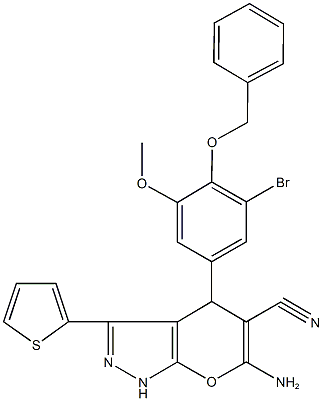 6-amino-4-[4-(benzyloxy)-3-bromo-5-methoxyphenyl]-3-(2-thienyl)-1,4-dihydropyrano[2,3-c]pyrazole-5-carbonitrile Struktur